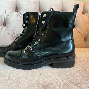 All Saints Black Leather Combat Boots with Silver Buckle Sz 38